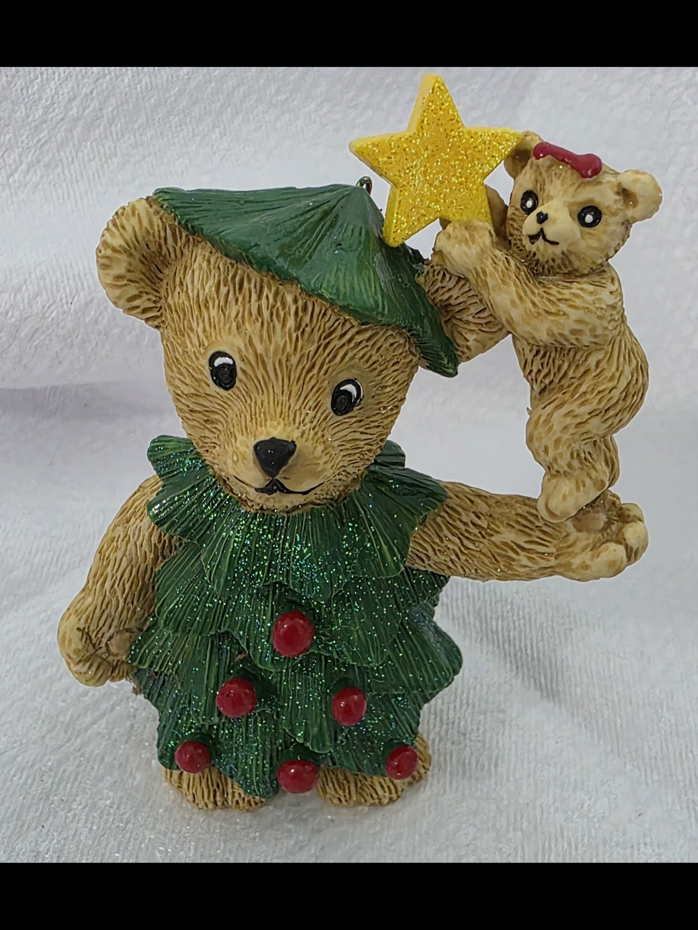 Claire's 1997 Green Glitter Christmas Tree Bear Ornament with Red Berries